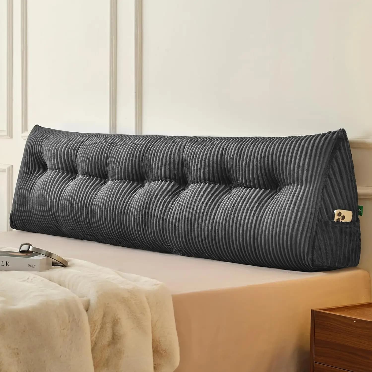 Cuscino triangolare a forma di cuneo per letto o divano, cuscino ergonomico per la schiena con tasca laterale, fodera rimovibile e lavabile, grigio
