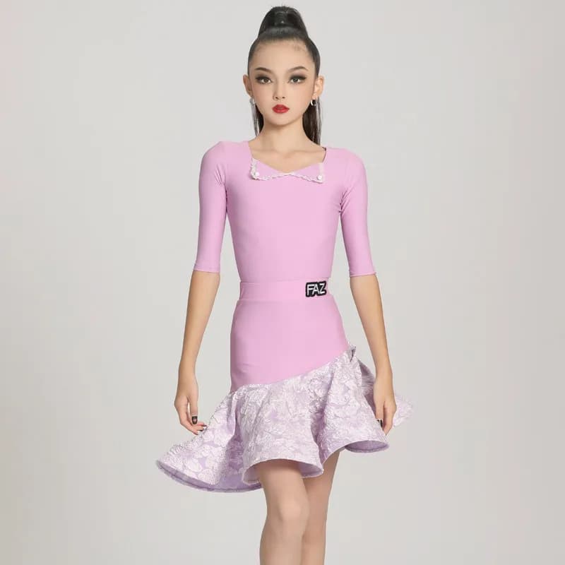 THEEPER Girls Latin Dance Dress Set, Lavender Purple 3/4 Sleeve Floral Skirt for Kids Latin Practice Wear, Latin Dance Costume