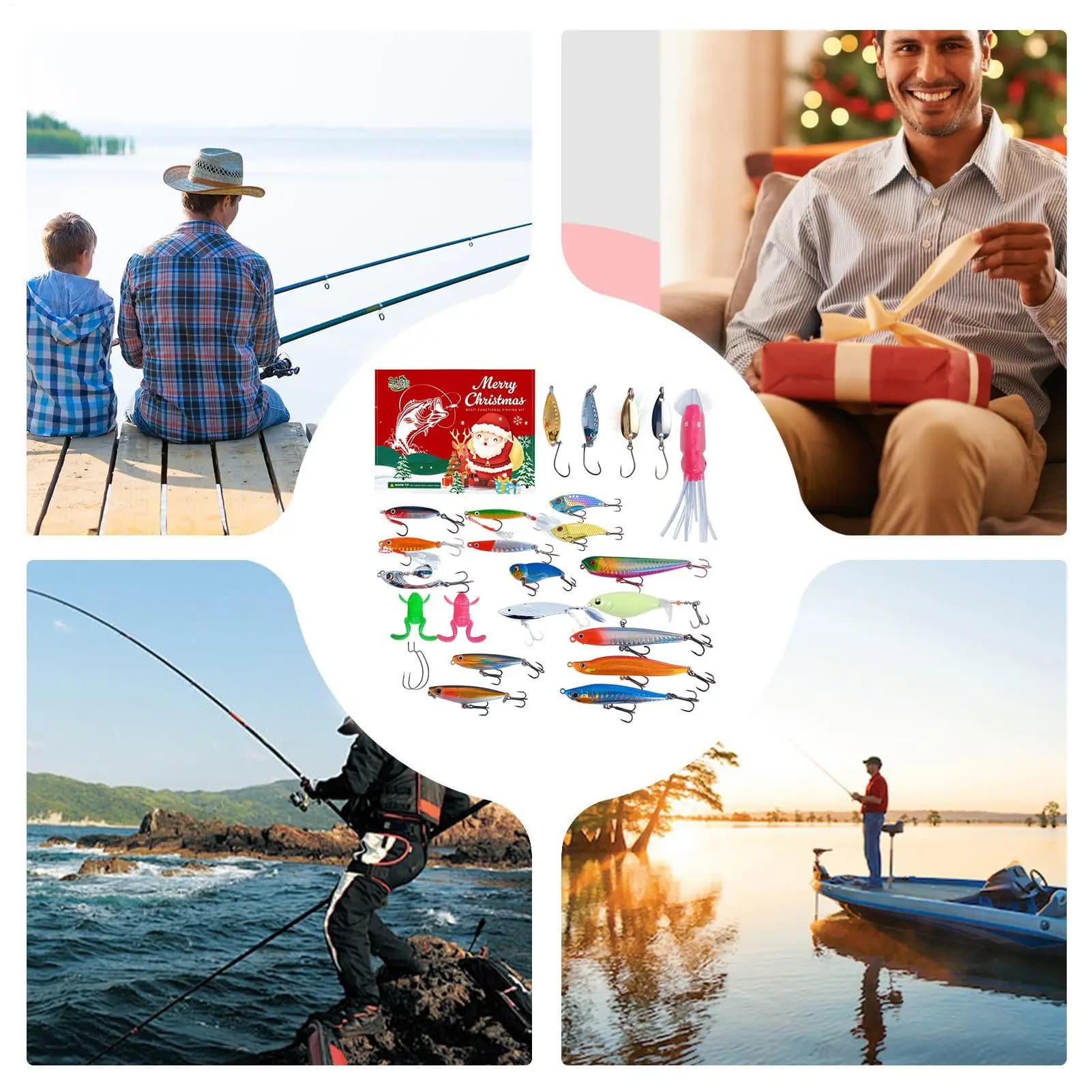 2025 Accessori per la pesca con conto alla rovescia di Natale 24 giorni esche dell'Avvento Calendario per il conto alla rovescia delle vacanze con esche da pesca per uomo