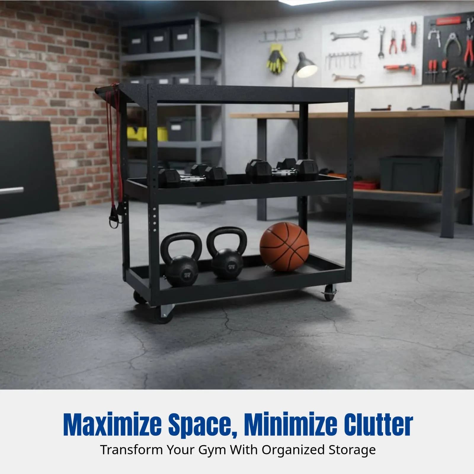 Handlebar Door, Organizer with Wheels, Home Gym Equipment Support, Kettlebell Support and Mats