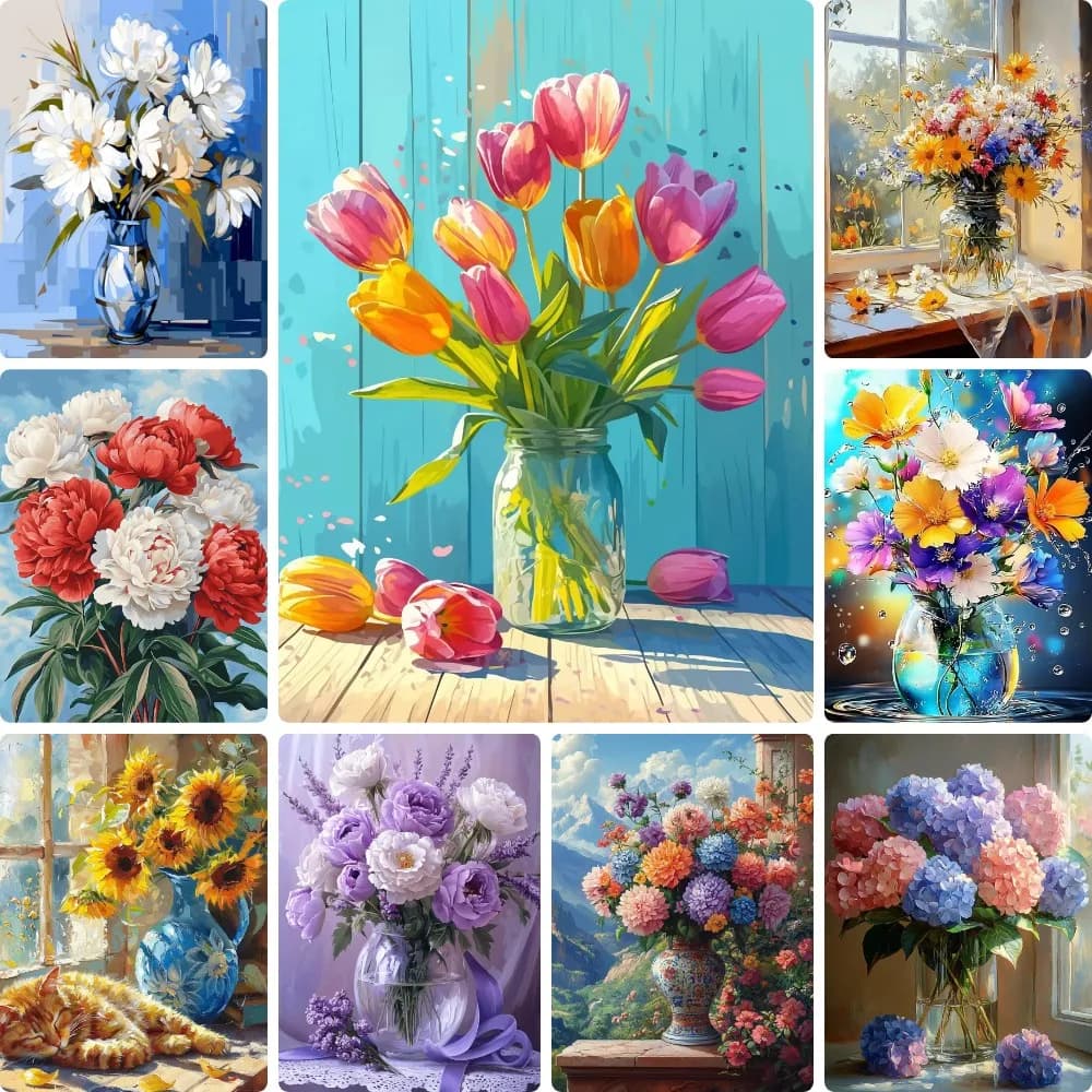 Colorful Vase Flower Collection Diamond Painting, Living Room Bedroom Wall Decor 5D DIY Handmade Mosaic Gift