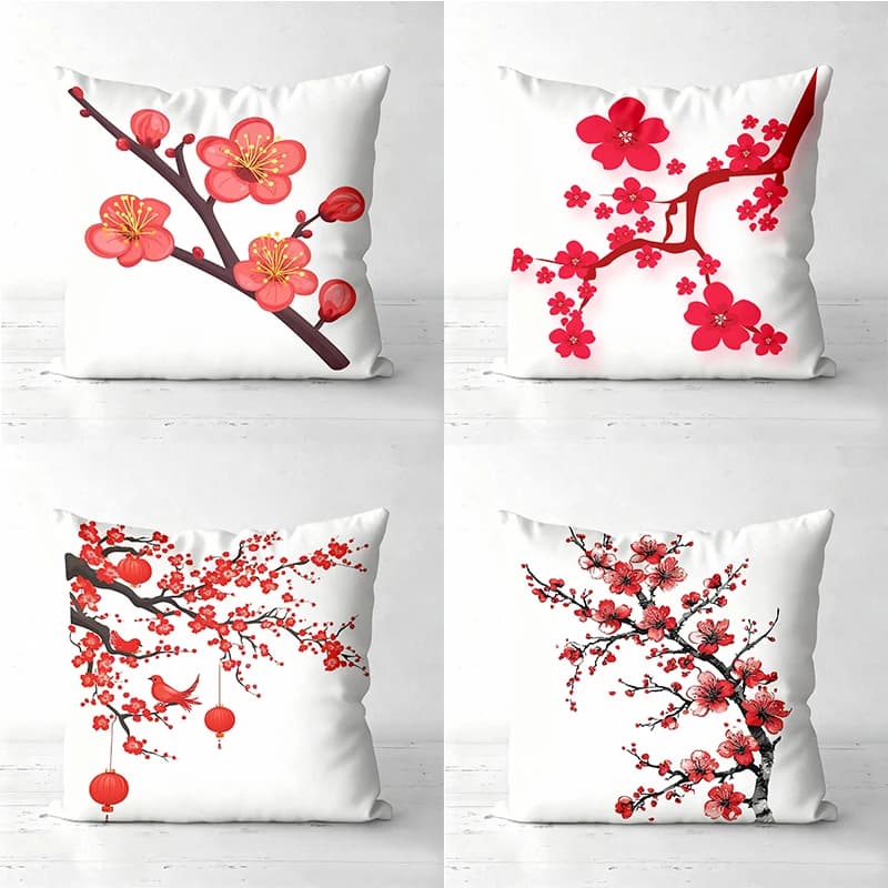 Red Plum Blossom Patterned White Cushion Pillow Covers Polyester pillowcase, sofa decorative cushion cov Headboard Pillow