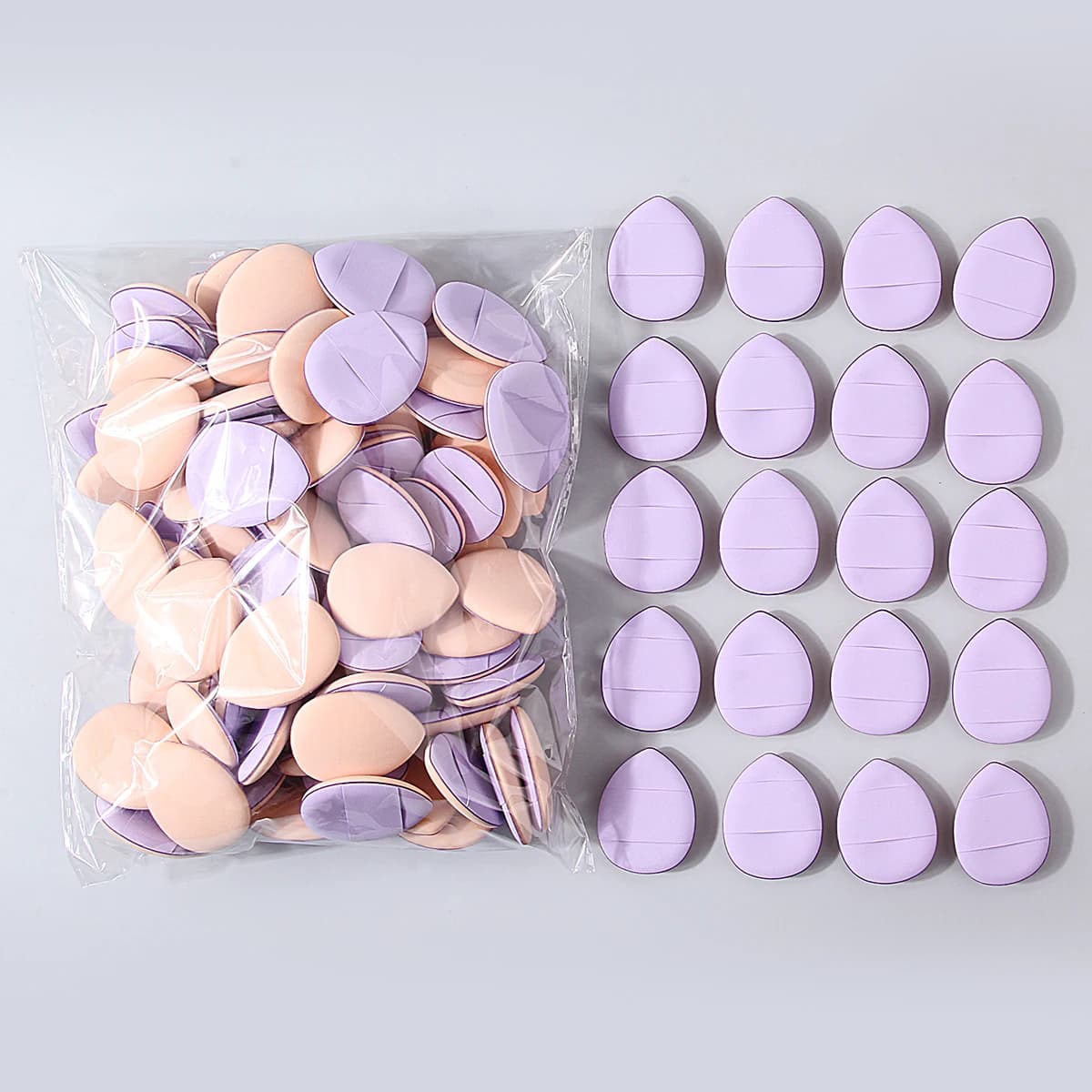 Mini soffio per cipria viola da 100 pezzi, soffio per cipria antiaderente a doppio scopo asciutto e bagnato, strumento per il trucco portatile