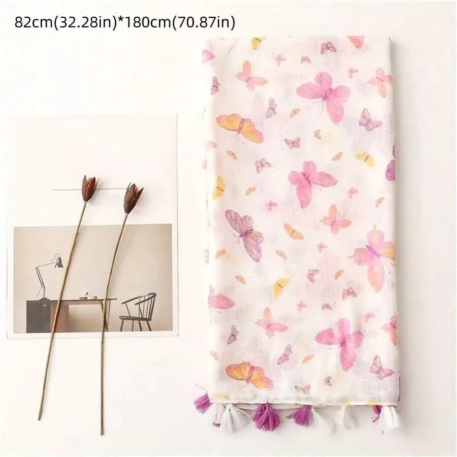 Bohemian Pink Gradient Butterfly Soft Tassel Scarf Shawl For Women Casual Outing Accessory