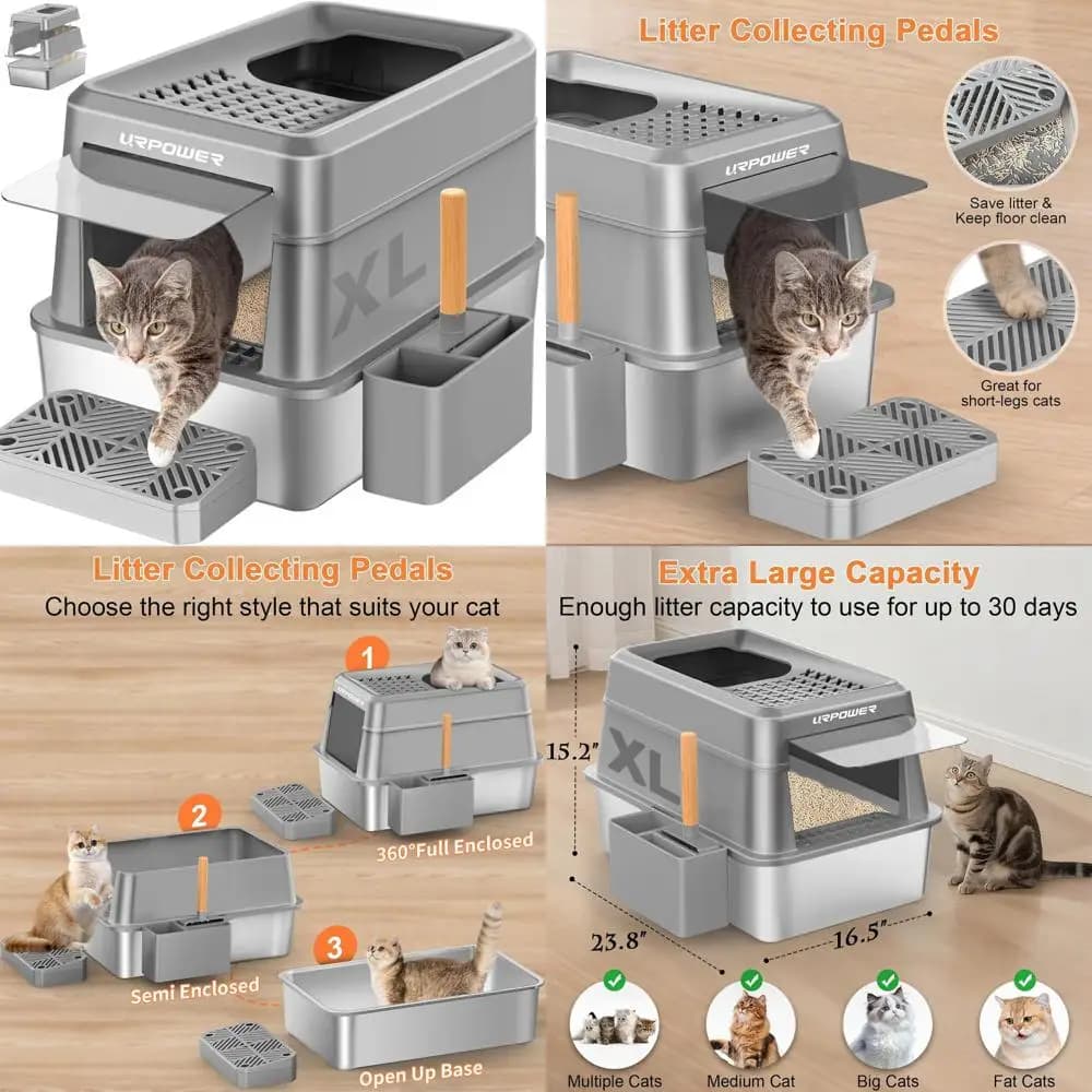 Lettiera per Gatti Extra Large in Acciaio Inossidabile con Coperchio, Vasca Antiaderente a Bordi Alti, Facile da Pulire, Ingresso Frontale e Superiore, Anti-Perdita