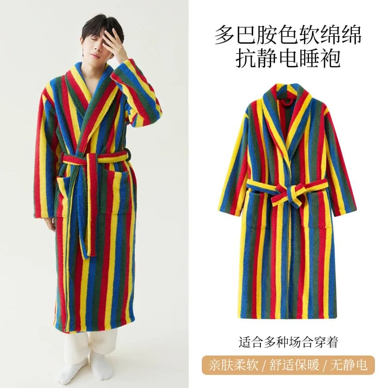 Moda Strisce Flanella Coppia Abito lungo Indumenti da notte Inverno Caldo Donna Camicia da notte Accappatoio Allentato Spessore Corallo Pile Homewear Pigiama