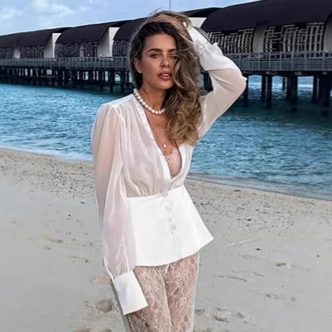 Camicette Eleganti Estive a Maniche Lunghe con Scollo a V, Sexy e alla Moda, Top Casual da Donna, Nuova Blusa Trasparente Patchwork 2026