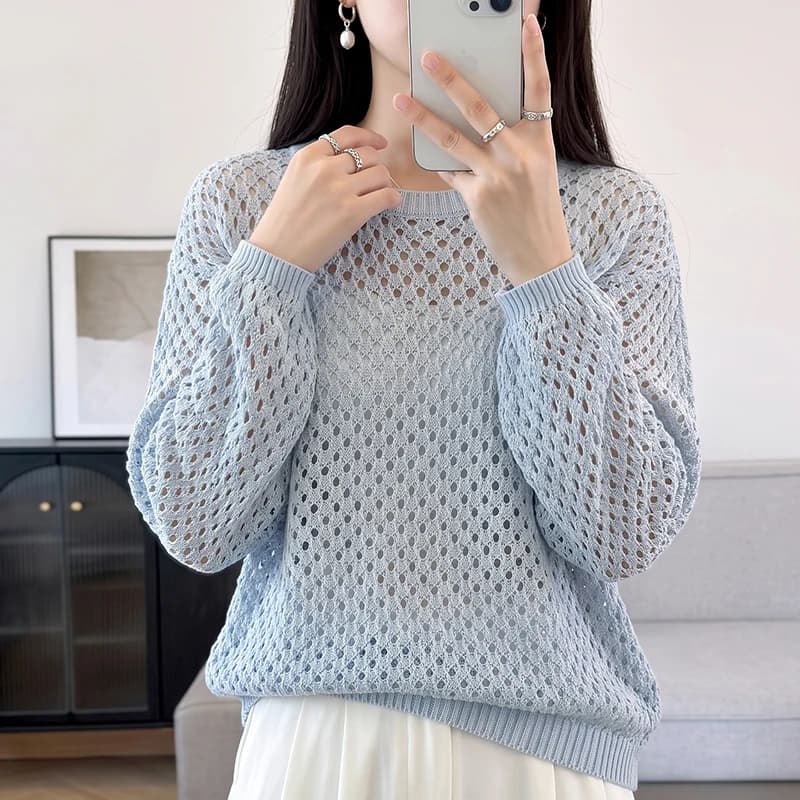 Autumn and winter100% purecotton women's sweater casual solid color knitted round neck pullover loose and fashionable hollow top