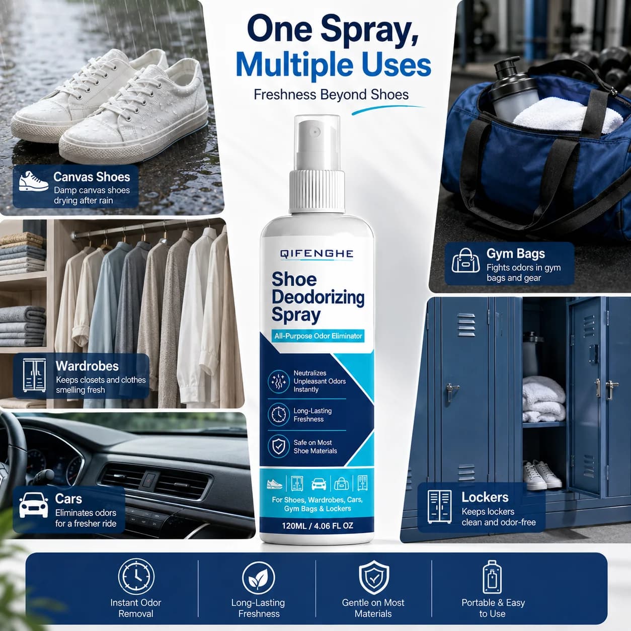 Shoe Deodorizing Spray 120ml - Odor Eliminator for Trunk Spare Tire Wells, Shoes, Closets, Cars & Gym Bags