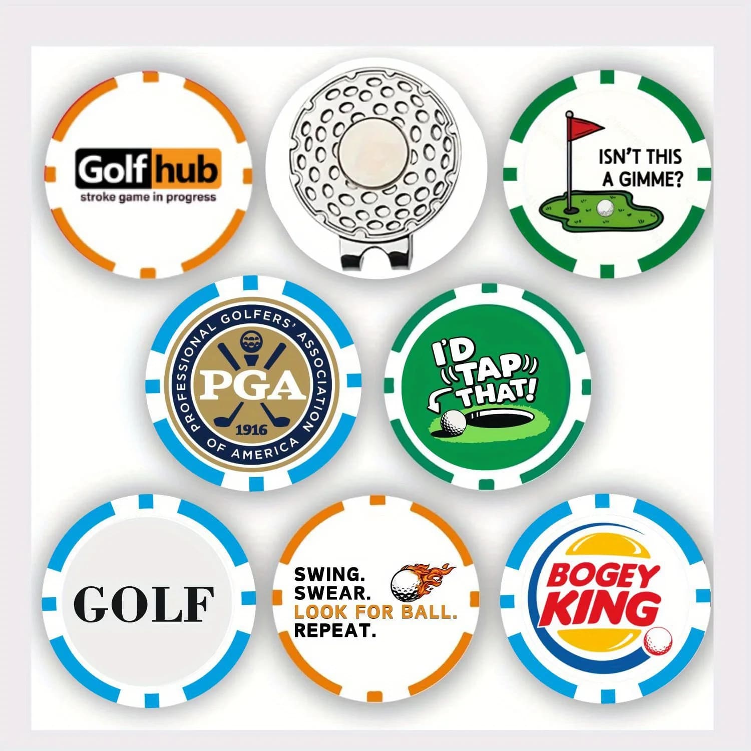 Set di 7 Marcatori per Palline da Golf PGA con Clip Magnetica per Cappello - Marcatori ABS per Cappello da Golf, Perfetti per la Festa del Papà