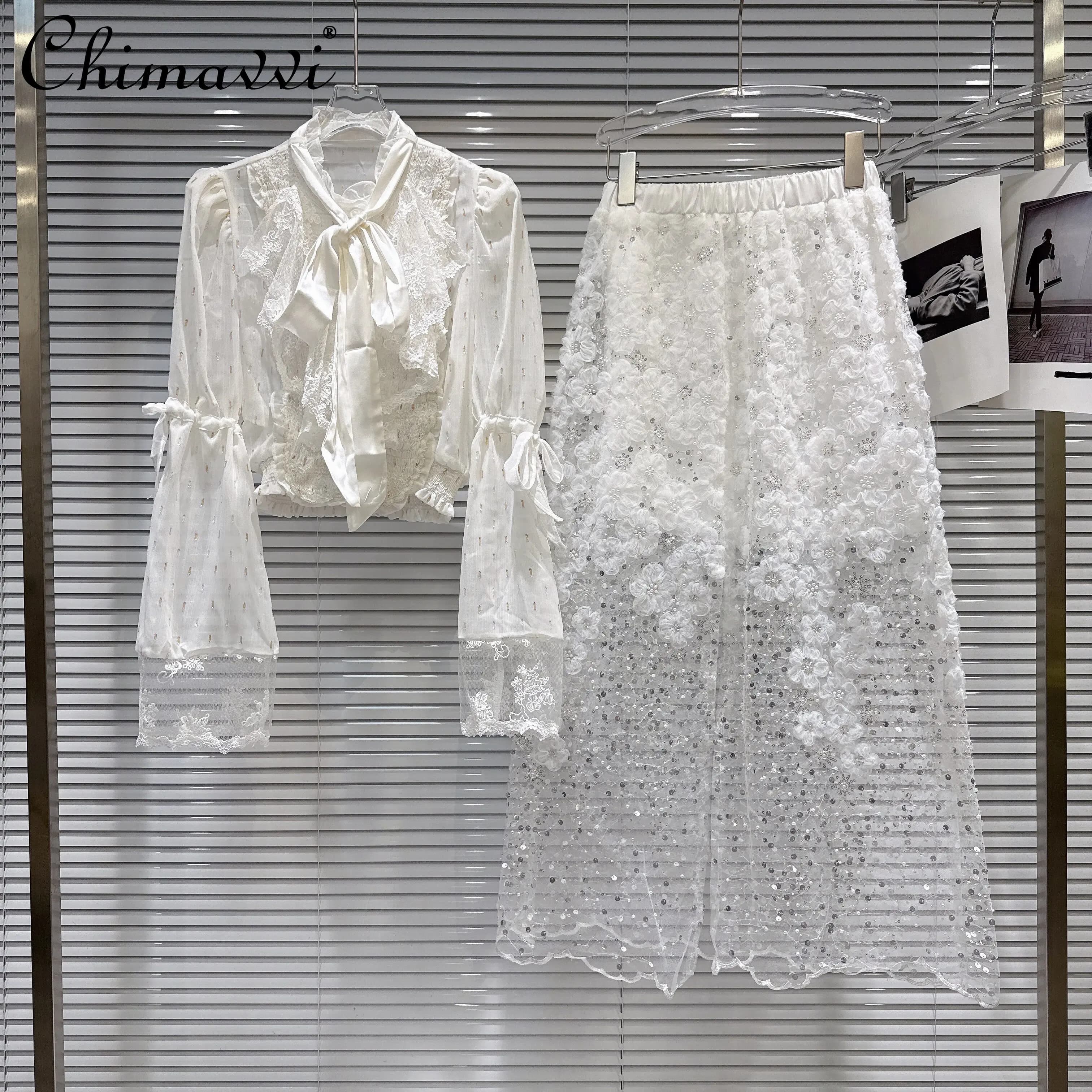 2026 Primavera Stile Coreano Elegante Moda Lace-Up Bow Camicetta a maniche lunghe Vita alta Perline Maglia Gonne Set a due pezzi per le donne