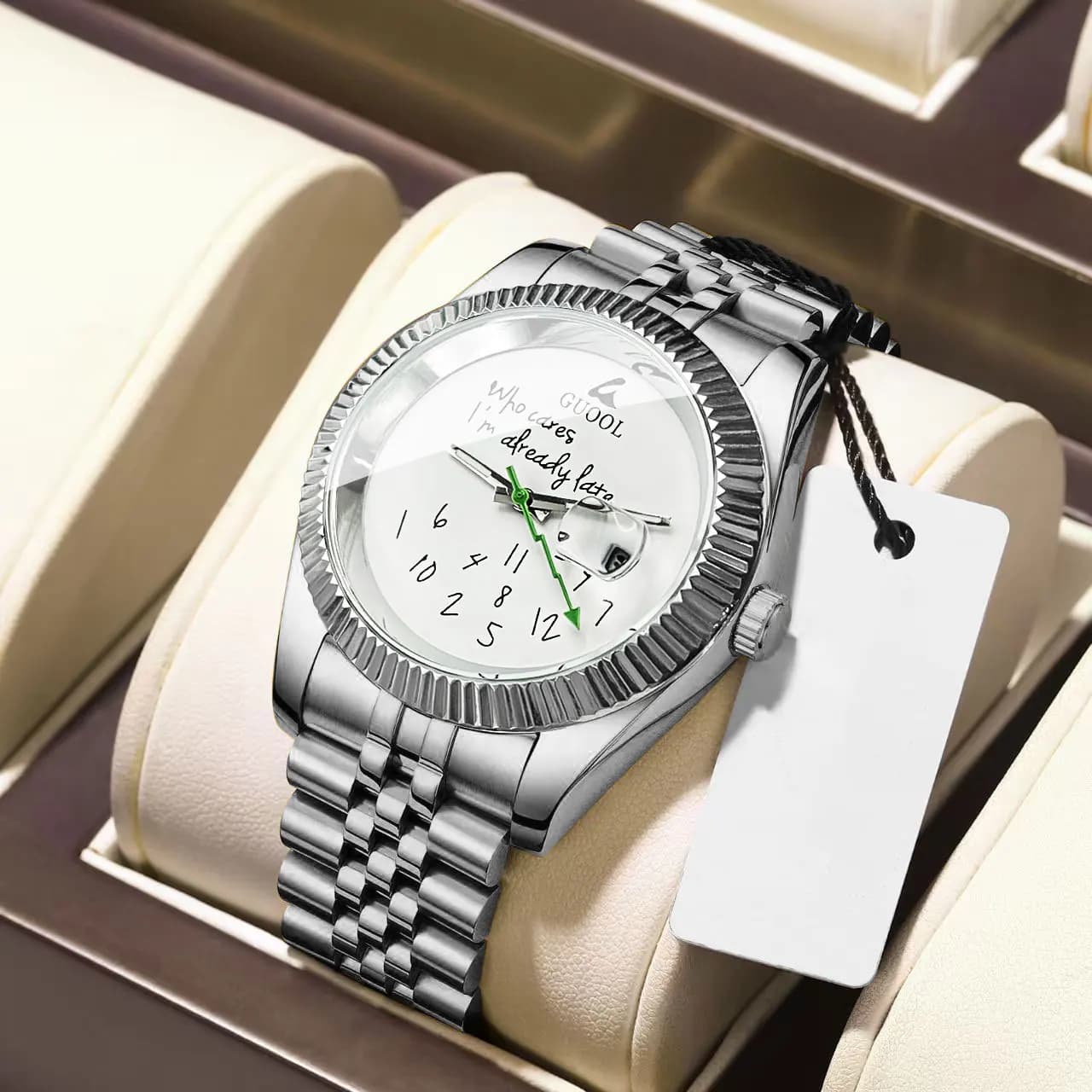 Funny Irregular Number Dial Quartz Watch for Men "Who cares I'm already late" Slogan Stainless Steel Band Waterproof Casual Wris