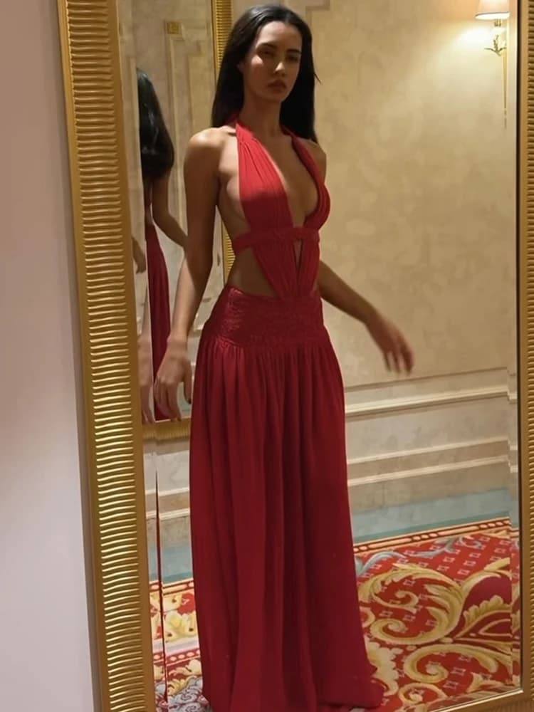 Abito Lungo Elegante Kliou con Arricciature, Tendenza Estiva da Donna, Halter con Scollo a V Profondo, Senza Schienale, Senza Maniche, per Banchetti e Feste Notturne, Vestito Aderente Lungo