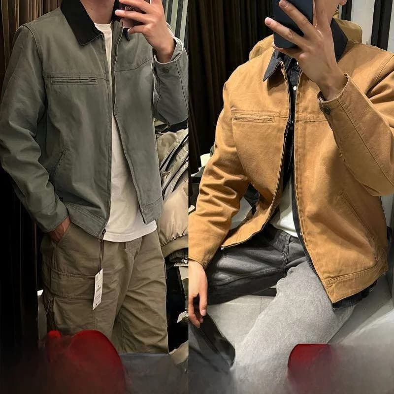 Giacca in cotone stile Barn Detroit J97 da uomo, pesante, lavata, versatile, alla moda, casual urbana, con cerniera e maniche lunghe