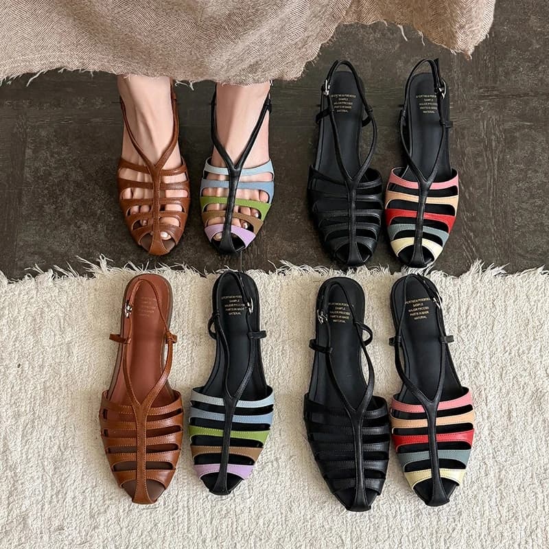 Nuove scarpe estive da donna in vera pelle di pecora con tacco medio e chiusura aperta, sandali romani traforati e traspiranti, sandali alla moda