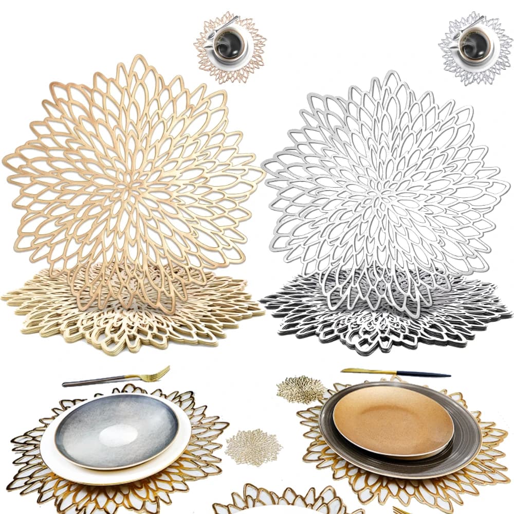 Set di 4 tovagliette metalliche Set tovagliette da tavolo con design a foglie in vinile per sottobicchiere natalizio, ringraziamento, matrimonio, cena
