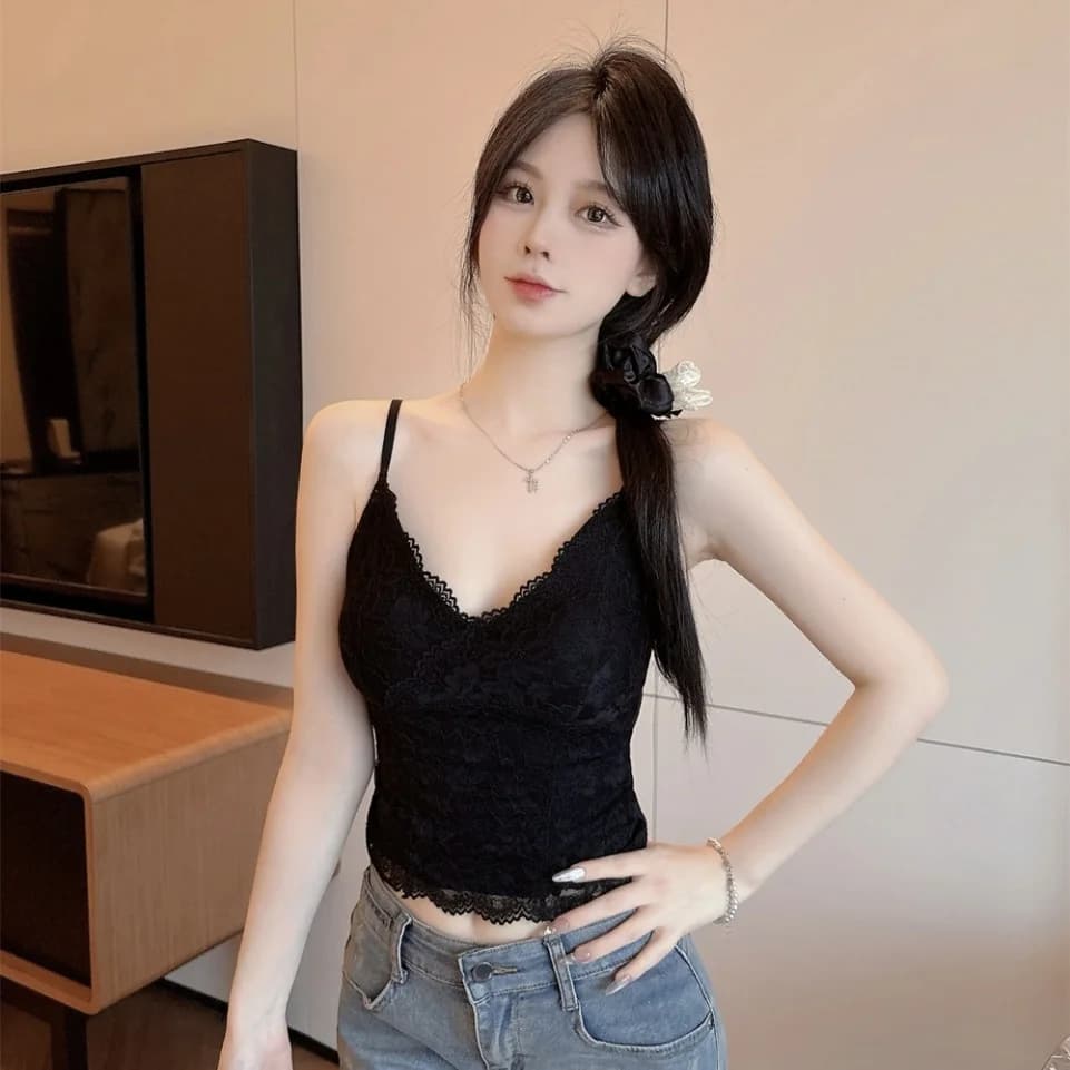 Summer New Style Spicy Girl V-neck Ice Silk Lace Patchwork Women's Slimming Fixed Band Chest Pad Top H-Shape Vest Short Length
