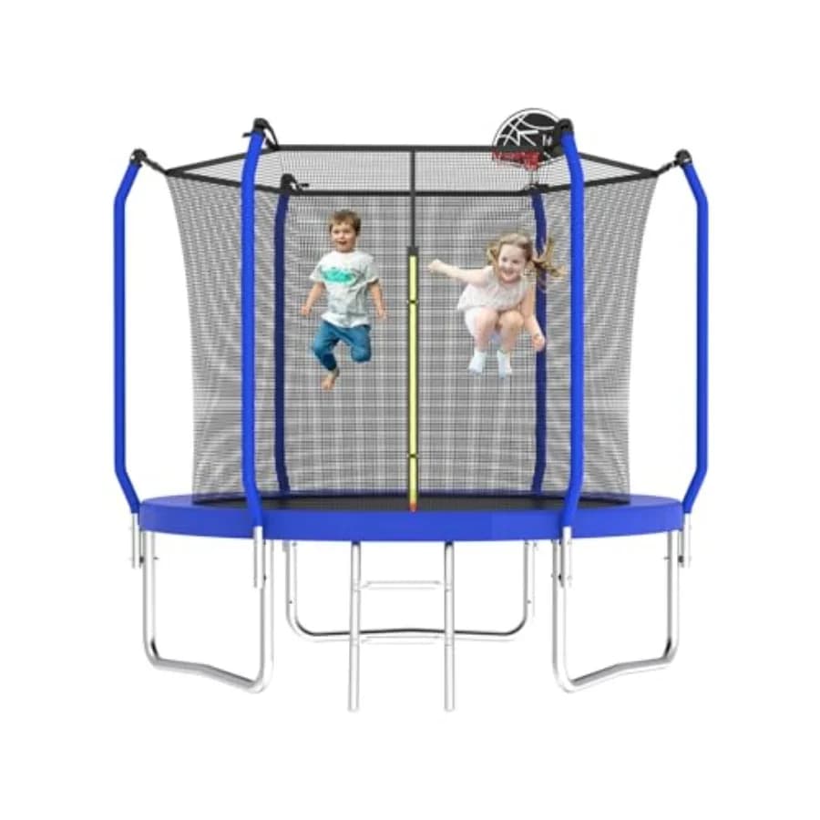 Trampolino da Esterno 10FT 8FT 12FT 14FT per Adulti con Canestro da Basket, Rete di Protezione e Set di Accessori, Telaio in Acciaio Resistente