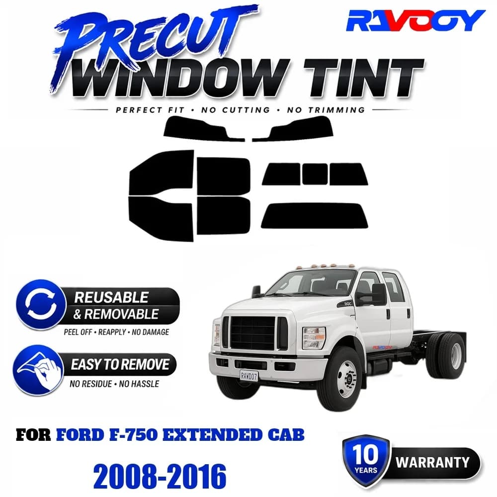 RAVOOY Precut Window Tint, Reusable Removable EPU Film, Custom Fit for Ford F-750 Extended Cab 2008-2016, UV Heat Protection