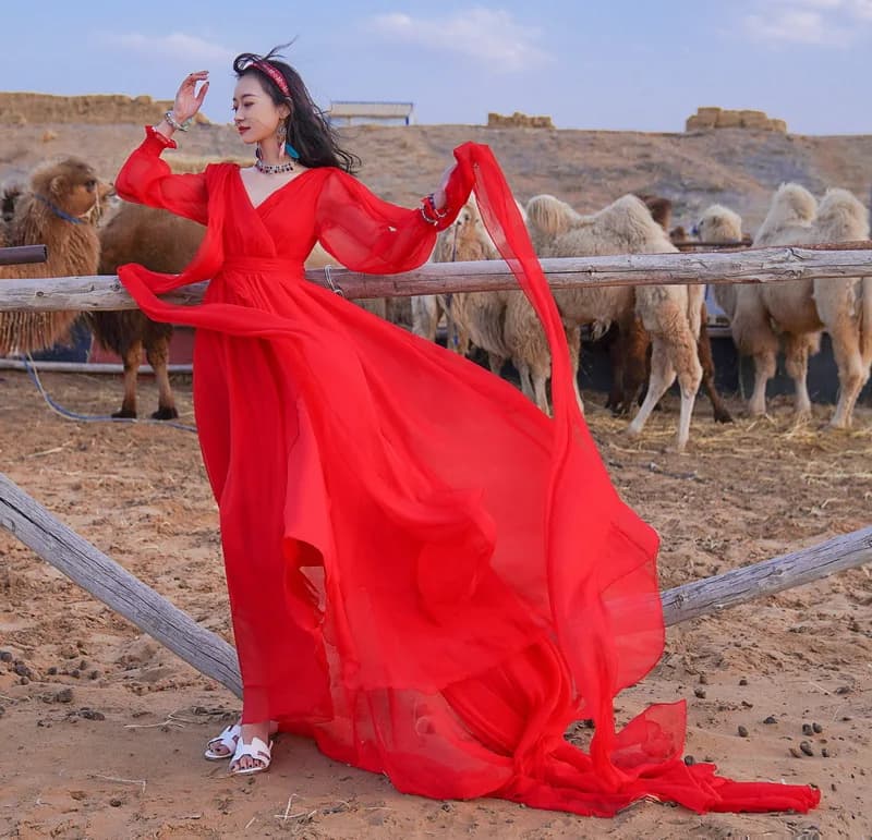 Abito lungo rosso stile deserto per vacanze al mare Sanya, vestito maxi per foto in spiaggia, abito in chiffon a vita alta ultra fatato
