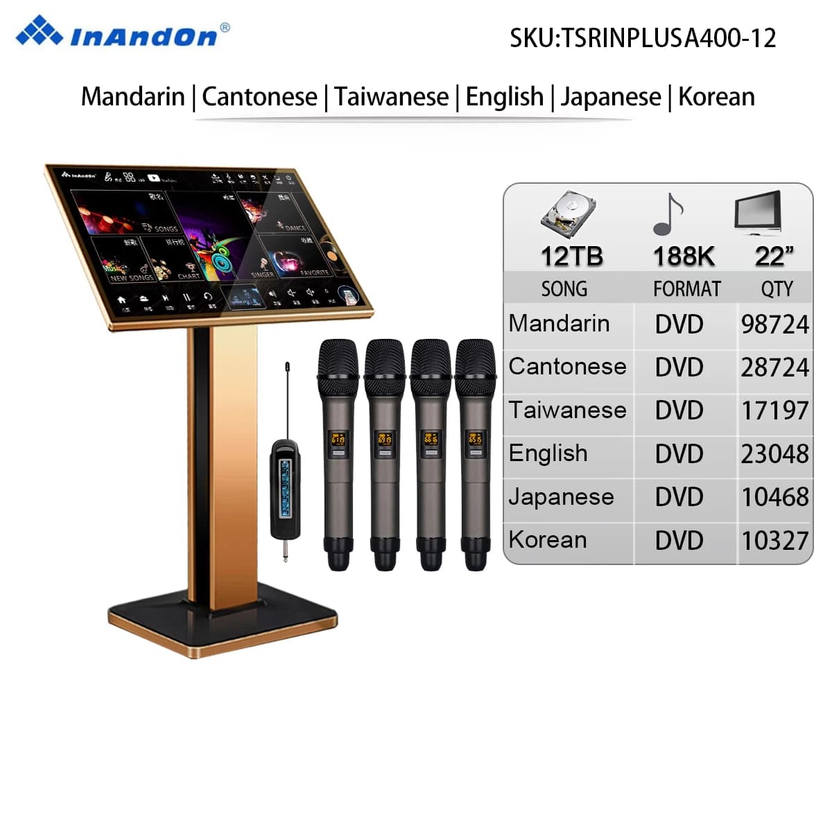 TSRINPLUSA400 12TB 188K 22" MIC Lettore Karaoke Macchina con tastierino vocale intelligente 22" Touch Screen A400 Microfono wireless