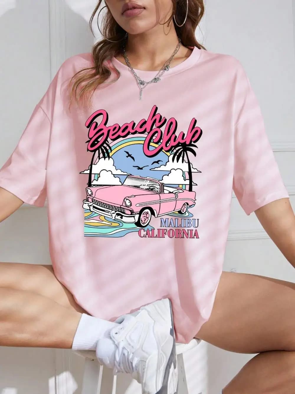T-shirt in cotone moda estiva per donna Beach Club Stampa T-shirt Camicie Comodo O-Collo Manica corta oversize Abiti da strada