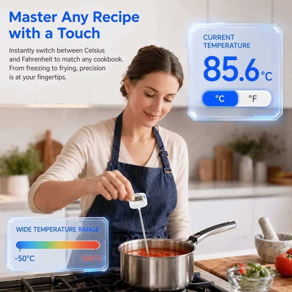 Stainless Steel Probe Digital Food Thermometer LCD Display Celsius Fahrenheit Switch Meat Thermometer White Instant Read