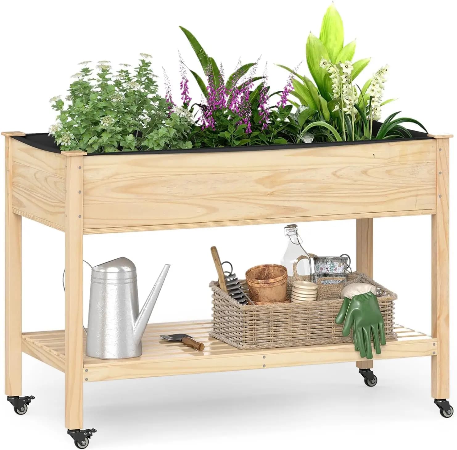 Rialzata Mobile planter in Wood with Wheels, Storage shelf and Coating, 47”x23”x33” – Rialzata bed on Wheels for Garden