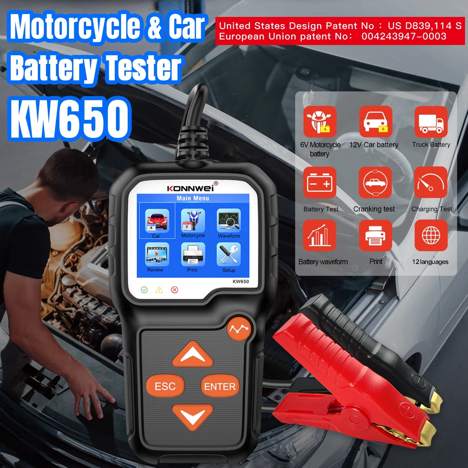 2026 Nuovo KONNWEI KW650 Auto Moto Tester Batteria 6V 12V Auto Analizzatore di Batteria da 100 a 2000 CCA Auto Moto Avviamento Strumento di Prova di Ricarica