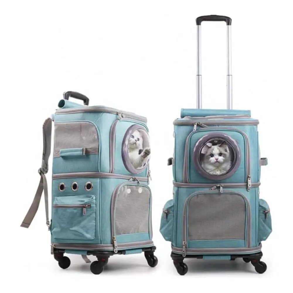 Zaino Trasportino per Animali Domestici per Due Gatti o Un Cane con Ruote, Borsa Verde a Doppio Scomparto per Gatti Grandi e Robusti e Cuccioli