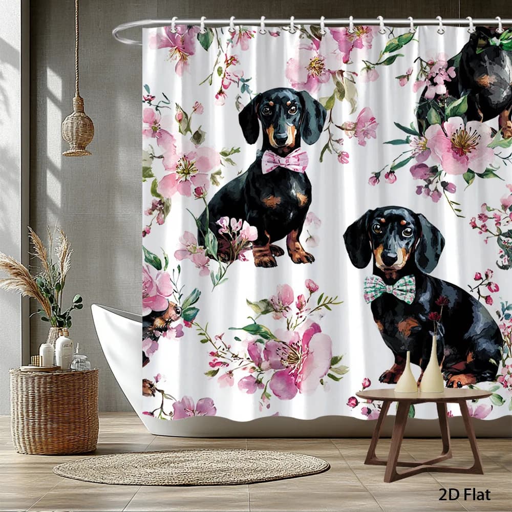 2D Flat, 1pc 2D Flat Cute Dachshund Floral Shower Curtain Polyester Fabric Bathroom Decor Bathtub Divider Curtain with 12 Hooks