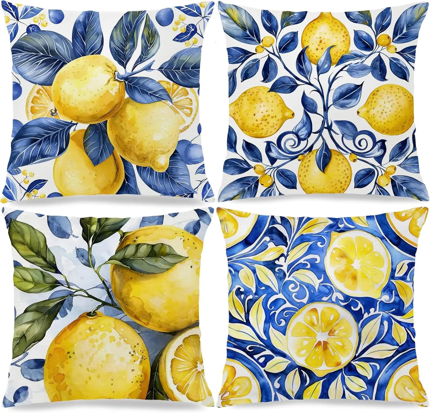 4Pcs Mediterranean Lemon Throw Pillow Covers with Majolica Tile & Watercolor Print Cushion Cases for Stylish Living Room Sofa