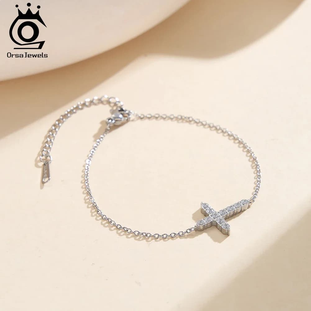 ORSA JEWELS Bracciale a croce alla moda in acciaio inossidabile per donna con bracciale a catena in zirconi CZ, gioielli impermeabili per compleanno STKB11