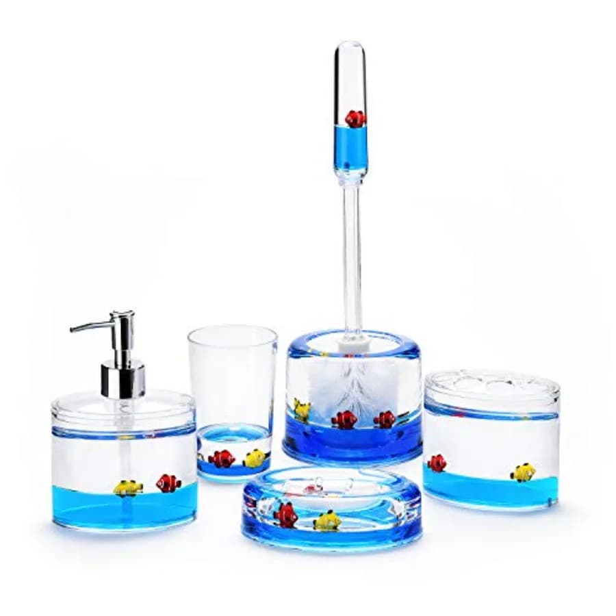 Set di 5 Accessori per Bagno in Acrilico Liquido 3D con Movimento Fluttuante, Tema Oceano e Animali Cartoon, Portaspazzolino Nimo, Tumble