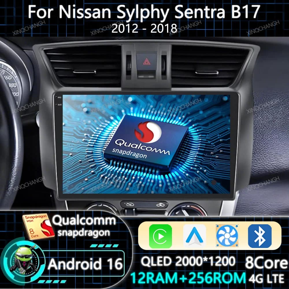 Android 16 Car Radio Carplay Auto For Nissan Sylphy B17 Sentra 12 2010 - 2020 Head Unit BT 4G WIFI GPS 2DIN Navigation Qualcomm