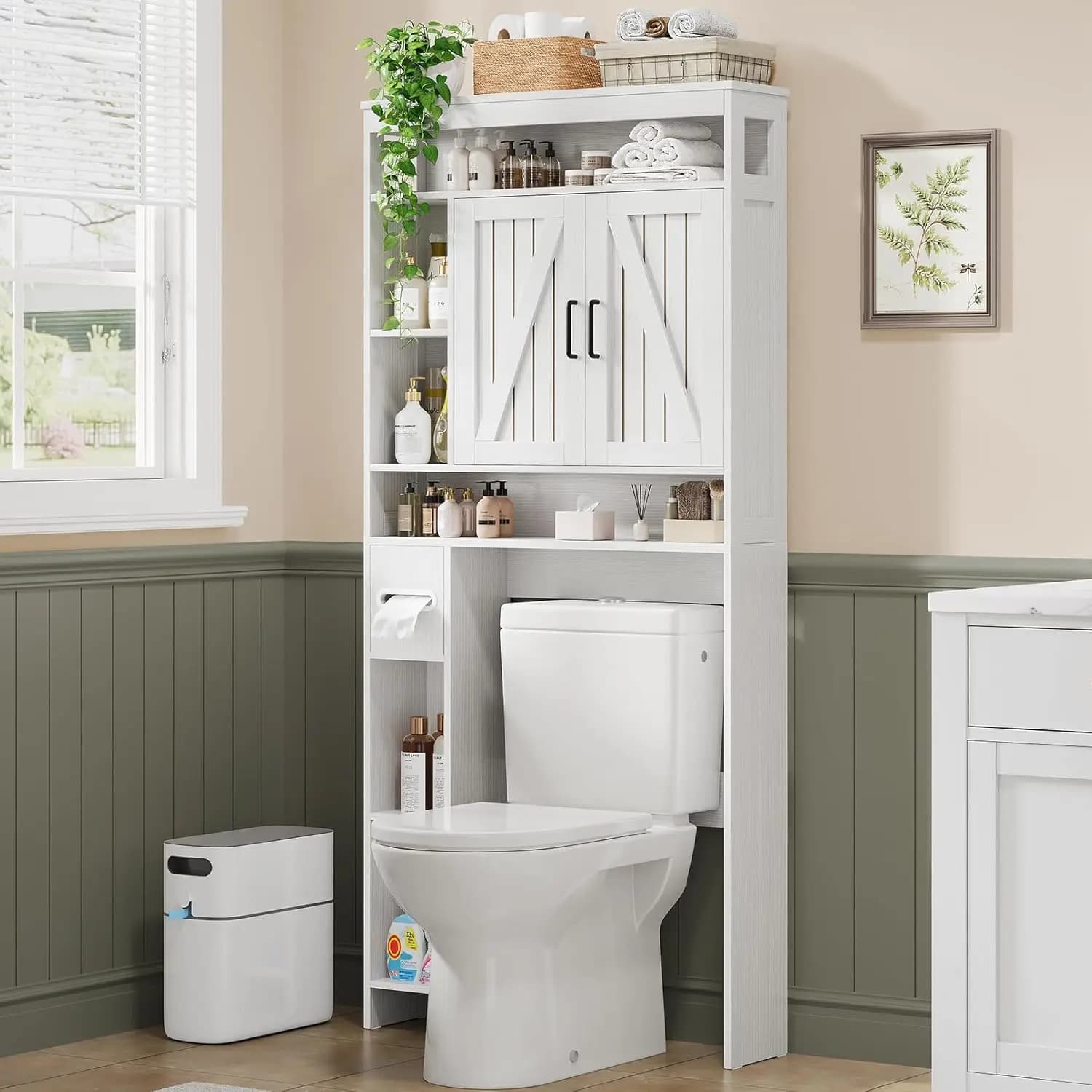 Over The Toilet Storage Cabinet with 2 Barn Doors & Built-in Toilet Paper Holder, Farmhouse Space-Saving Organizer, Customized