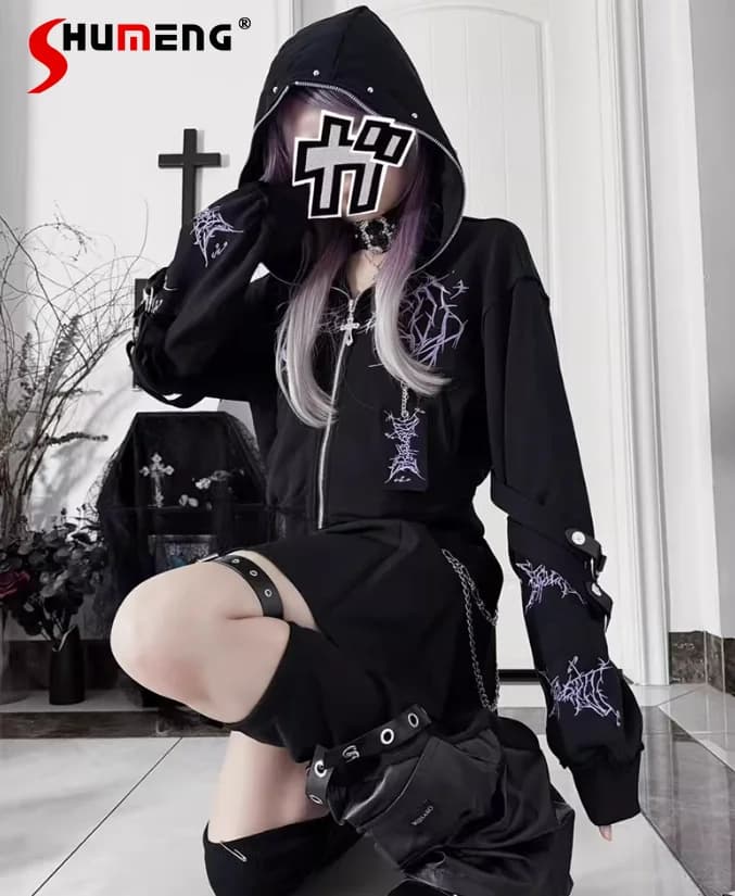 Felpa con Cappuccio Nera Gotica Y2K Subculture, Nuova Collezione Primavera 2026, Top a Maniche Lunghe Tie-Dye Largo Stile Sweet Cool Girlie, Felpe da Donna