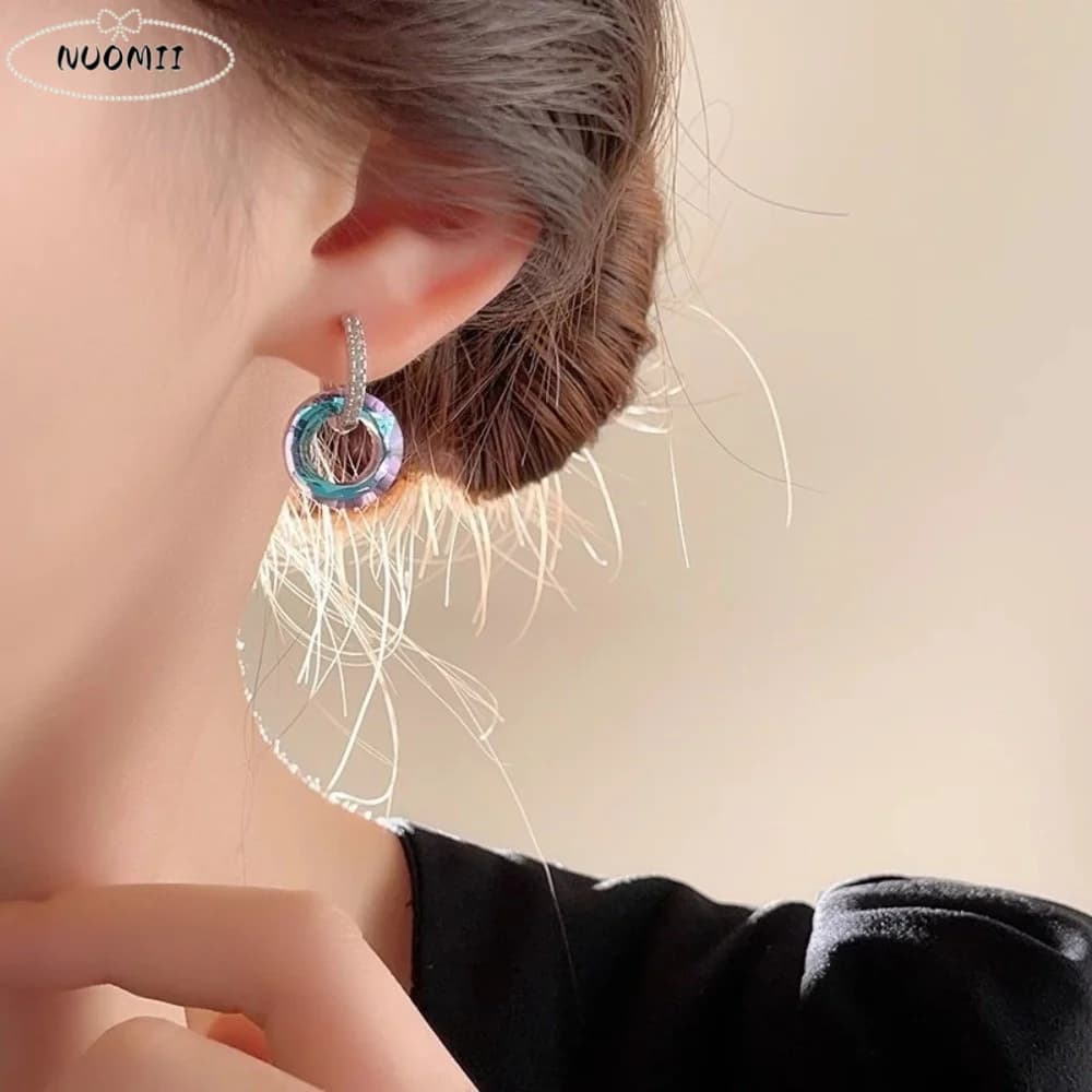 Orecchini a Doppio Anello di Lusso Leggero, Semplici ed Eleganti, con Gradiente Iridiscente, Gioielli per Orecchie con Zirconi, Orecchini Minimalisti in Cristallo dal Design Personalizzato