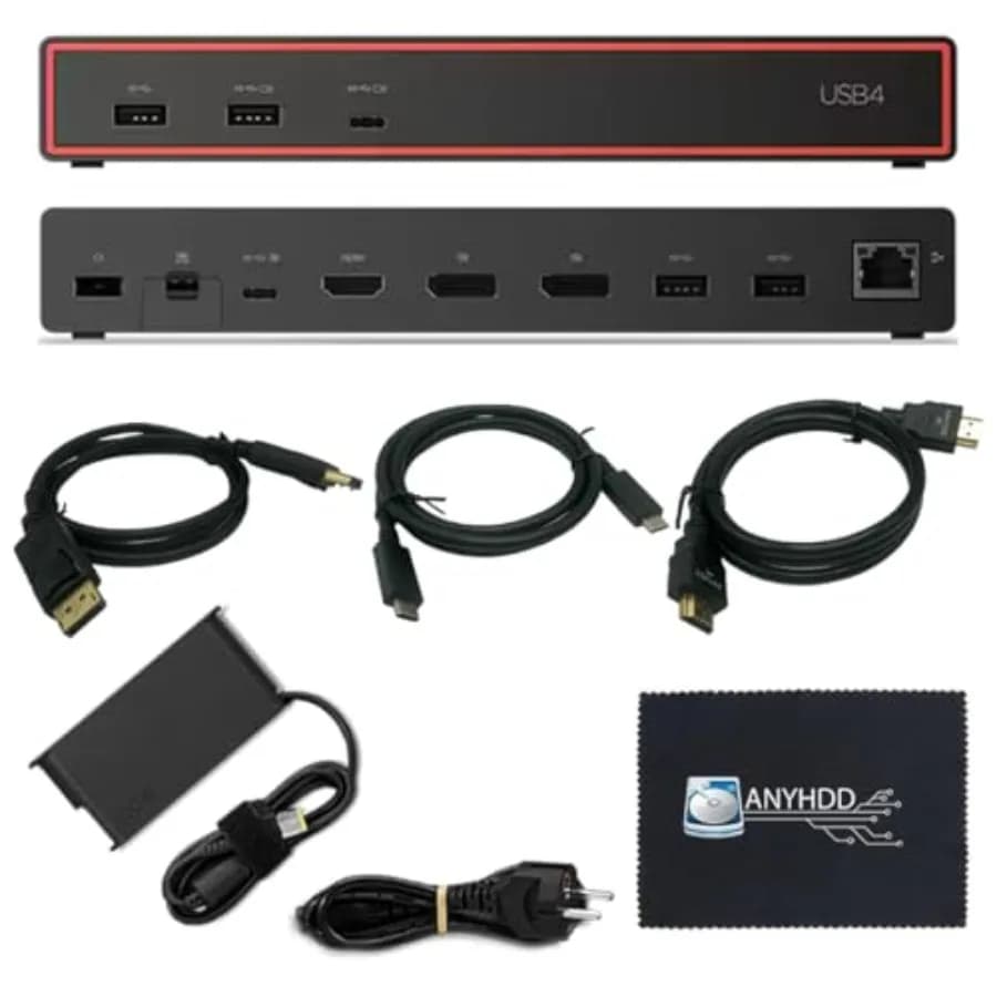 Docking station USB4 per laptop con adattatore da 100W, HDMI, DisplayPort, cavi USB-C, custodia in tessuto, alluminio nero, postazione di lavoro compatta