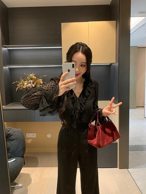 Spring Plaid Flocking Polka Dot Lace Trim Shirts Women's Slimming Bell Sleeve Blouse XINYI Lazy Texture Loose Fit Long Sleeve