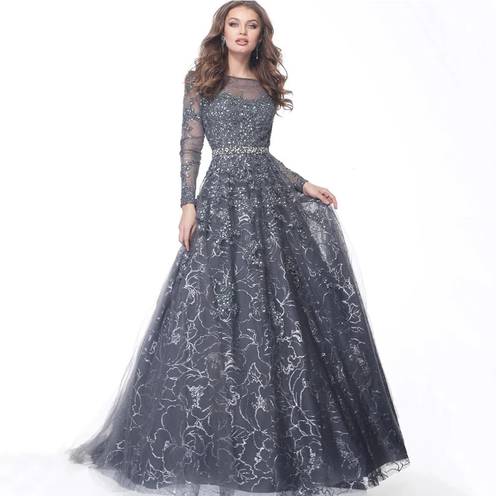 Squisito pizzo lucido a-line abito da ballo scollo tondo maniche lunghe Illusion Tulle donna lunghezza del pavimento con cintura di perline abiti da festa