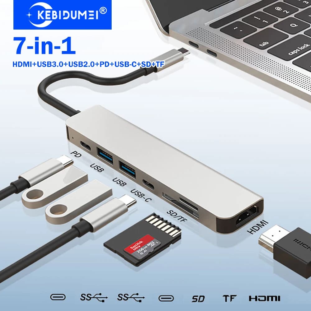 KEBIDUMEI HUB USB 7-in-1, Docking Station USB C, Adattatore da Tipo C a HDMI 4K, USB 3.0 5Gbps, Splitter USB per Laptop e Macbook