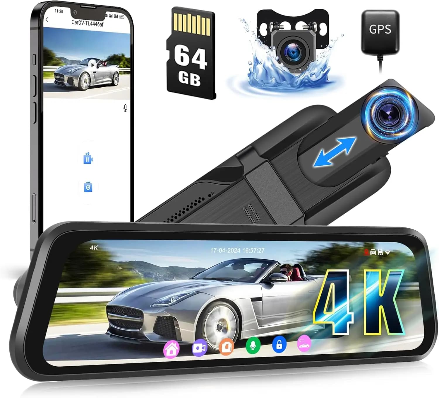 4K 9.66' LCD Touch Screen Camera with Night Vision WiFi GPS BSD LCA DVR 64 GB Card