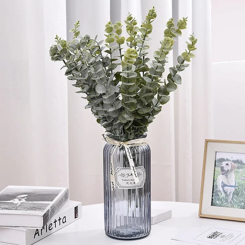 5 teste di eucalipto 3 forchette 5 forchette Foglia di denaro Simulazione Fiori artificiali Matrimonio nordico Decorazione della casa Piante artificiali