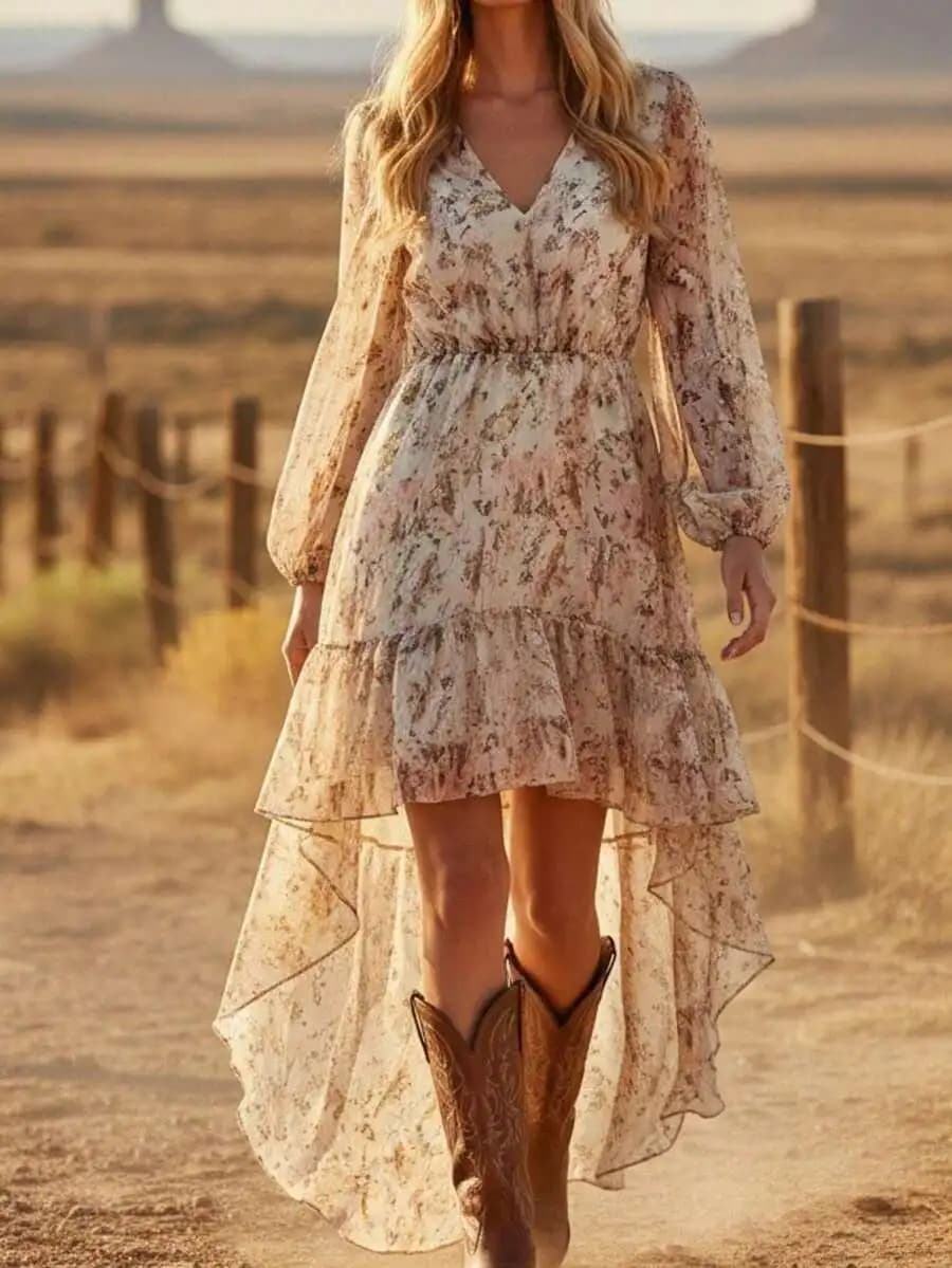 Abito Boho Floreale da Donna con Scollo a V, Maniche Lunghe e Orlo a Balze in Chiffon, Stile Western Cowgirl