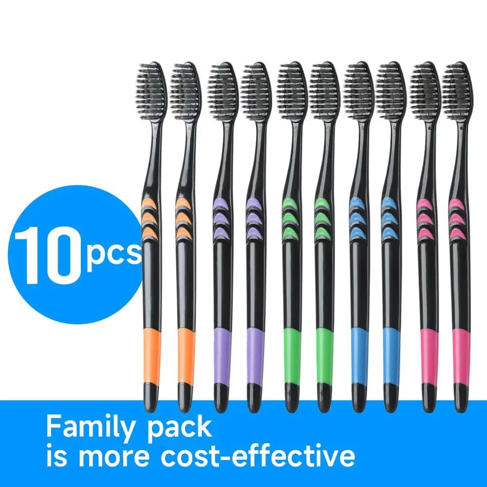 10 piece family toothbrush, soft bristle brush in bamboo coal, travel transport, casual color
