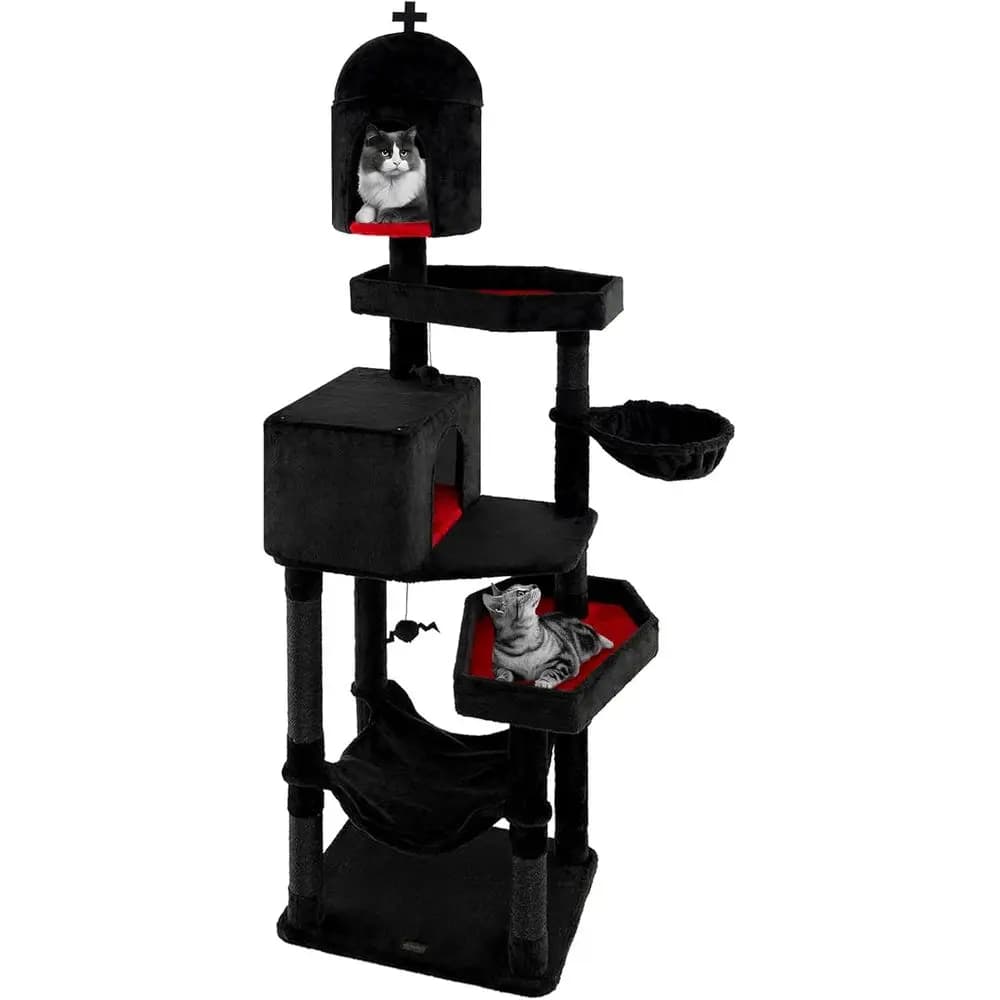 83 Inch Tall Gothic Cat Tree, Multi-Level Halloween Cat Tower with Coin Beds, Scratching Posts, 2 Cat Condos, Dangling Balls, Ha
