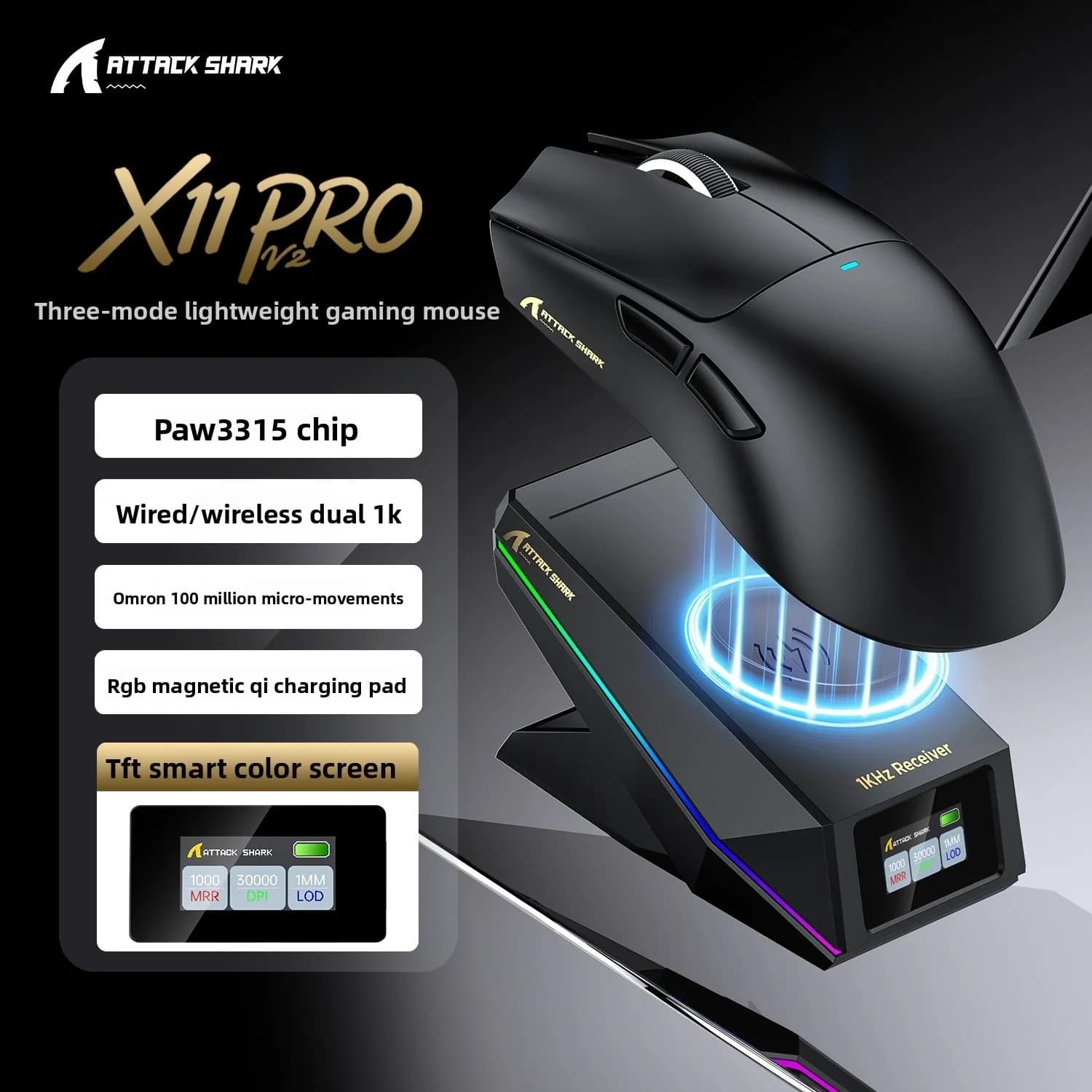 2026 NEW Attack Shark X11 PRO V2 65g Ultra Light Gaming Mouse 30000 DPI 40G Tri Mode Mouse With RGB Charging Dock TFT Screen