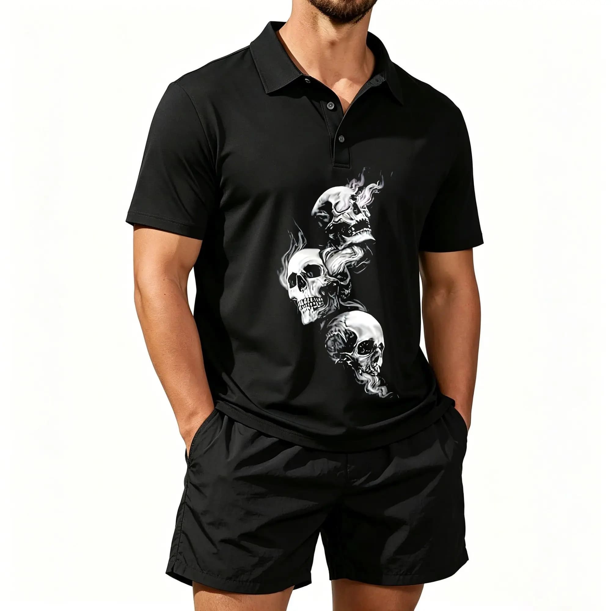 Men's Polo Beach Shorts Two-Piece Set with Non-Smoking Skull Print, Dark Skeleton Pattern, Casual and Comfortable, Fitted Cut