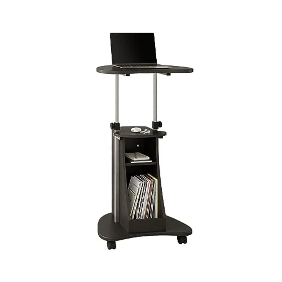 Carrello per laptop regolabile in altezza con ruote, per posizione seduta o in piedi, con vano portaoggetti, grafite, 22 x 16 x 46